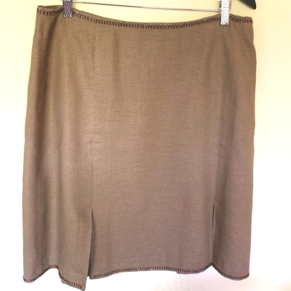 Zara Brownish tan color linen skirt 4 pleads shiny beadings at waist & hem US 12